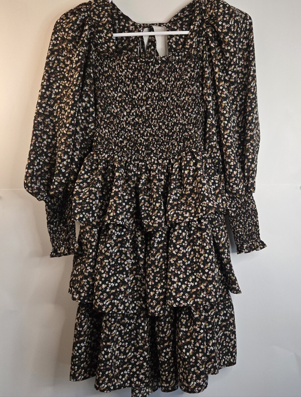Byinns Ruffle Tiered Floral Print Boho Mini Dress Women’s Black Size S